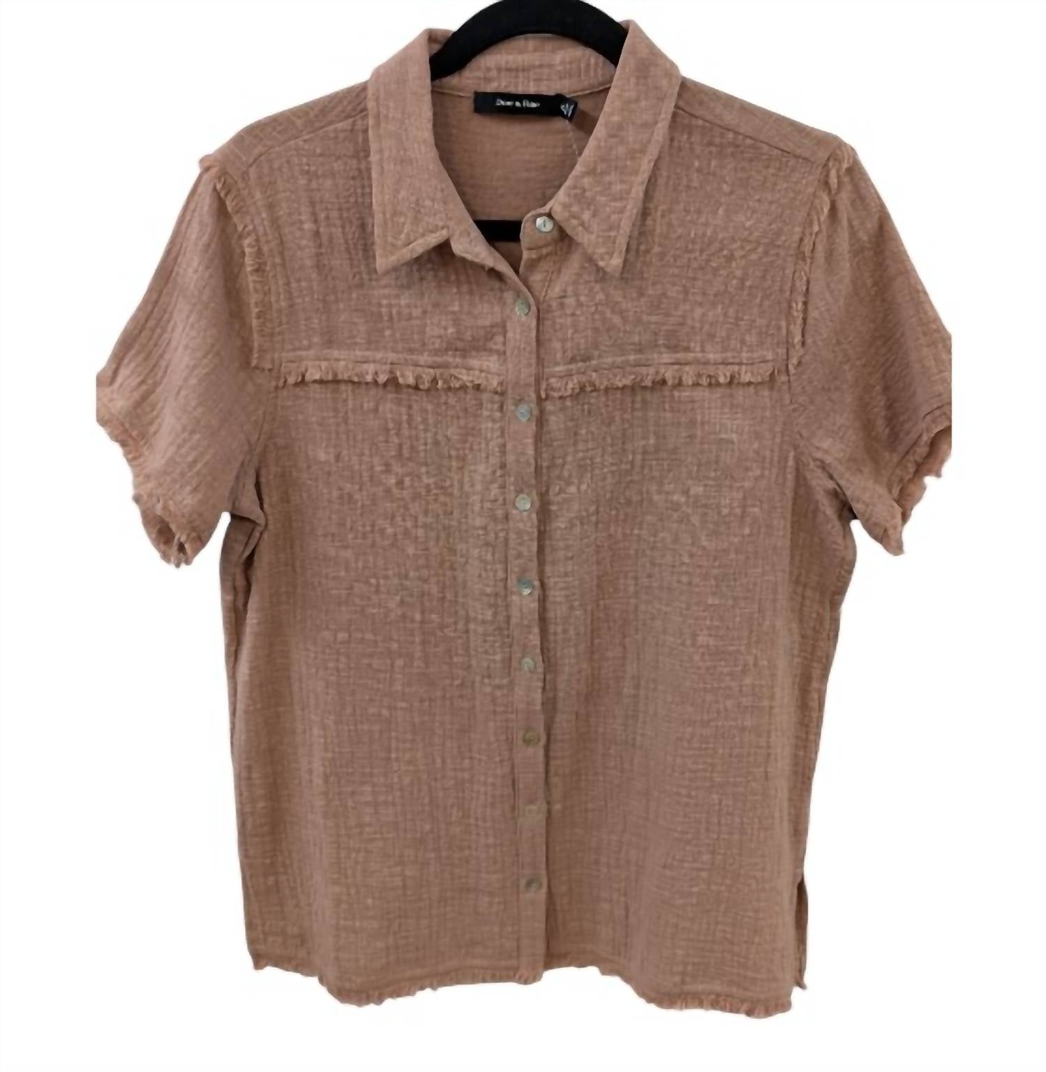 Doe and Rae Women's Short Sleeve Frayed Button Down Shirt in dusty rose - women's shirt