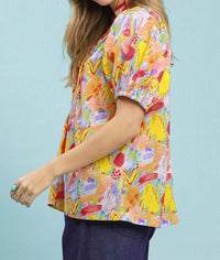 Umgee - Abstract Print Puff Sleeve Lace Trim Blouse