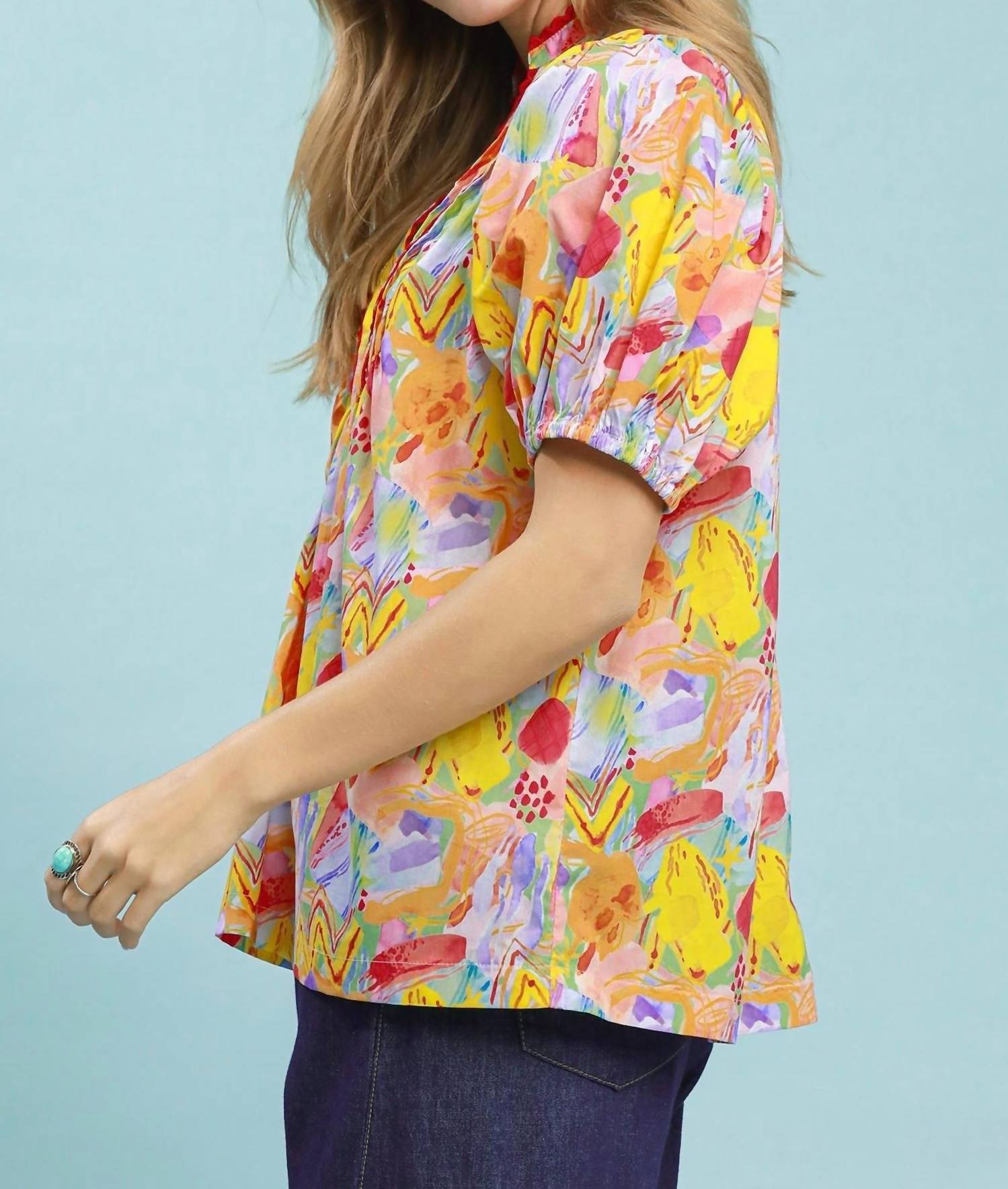 Umgee - Abstract Print Puff Sleeve Lace Trim Blouse