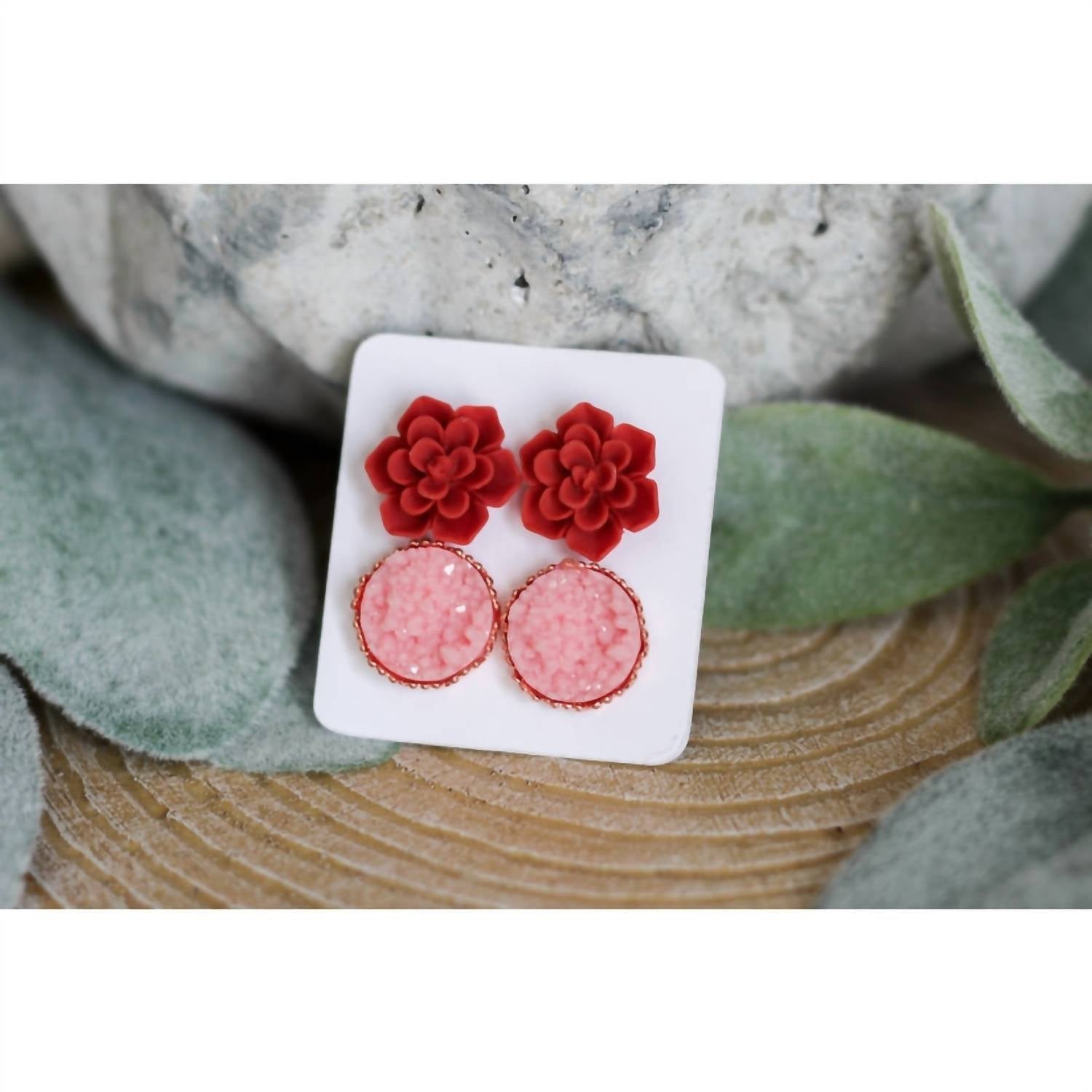 Urban Gemms - Women's Succulent & Druzy Stud Earring Set