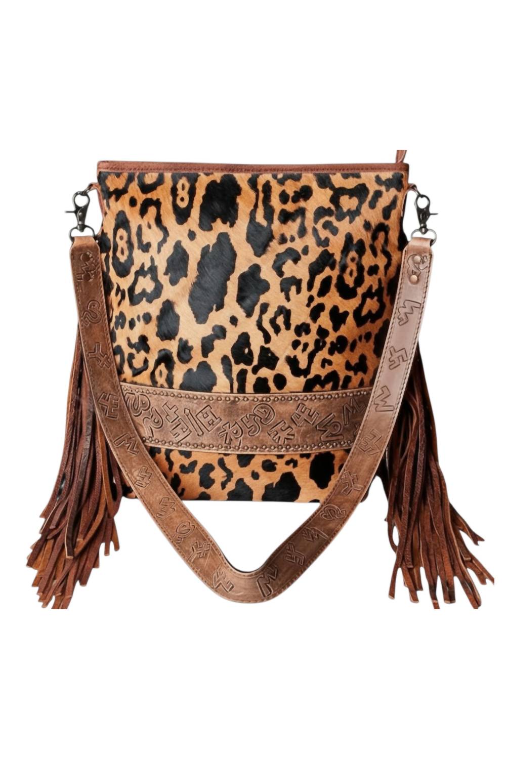 American Darling Women's Hand-tooled Leather Messenger Bag in black brown - women's bag - detail view