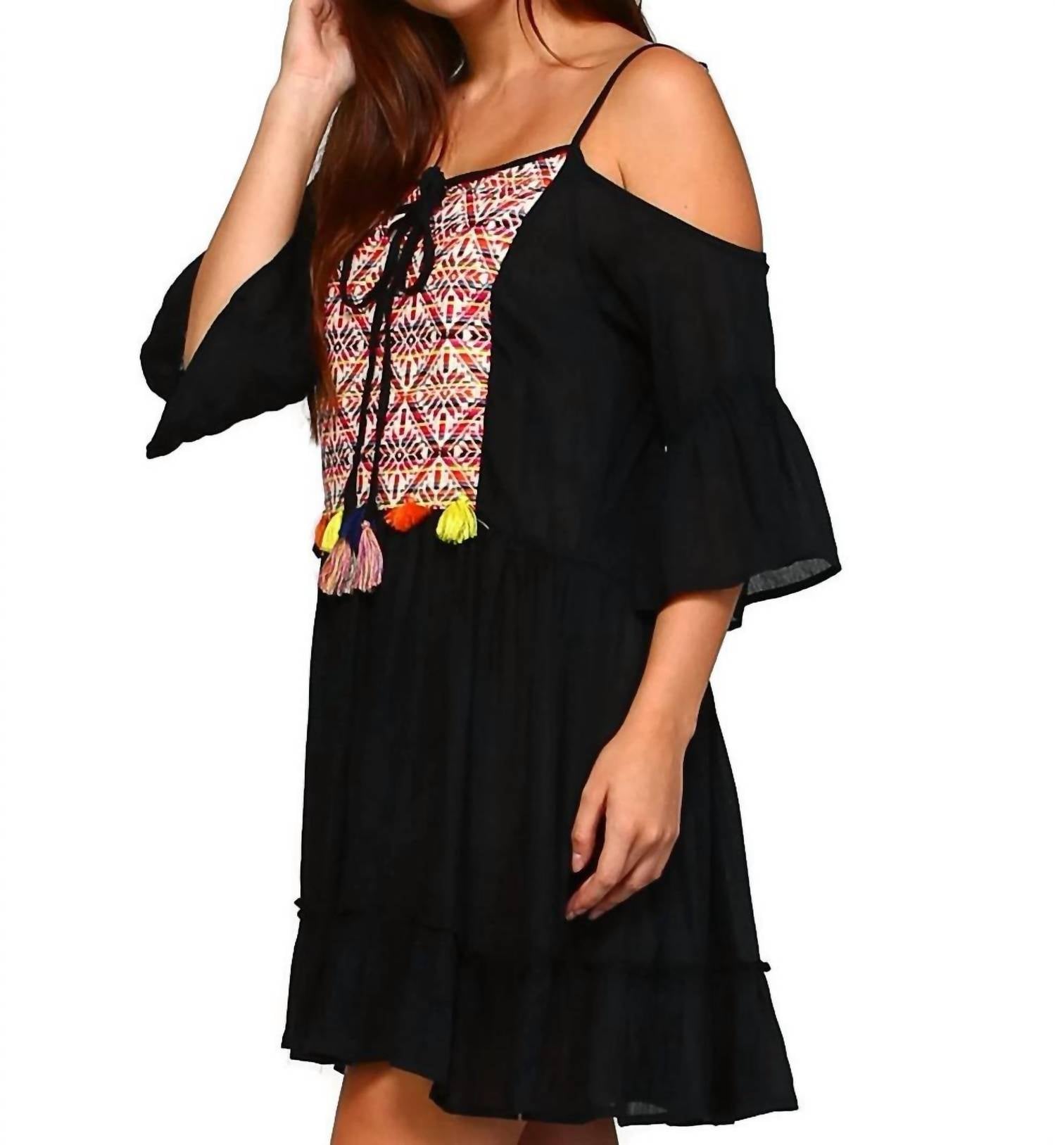 Velzera - Embroidered Tassel Cold Shoulder Mini Dress