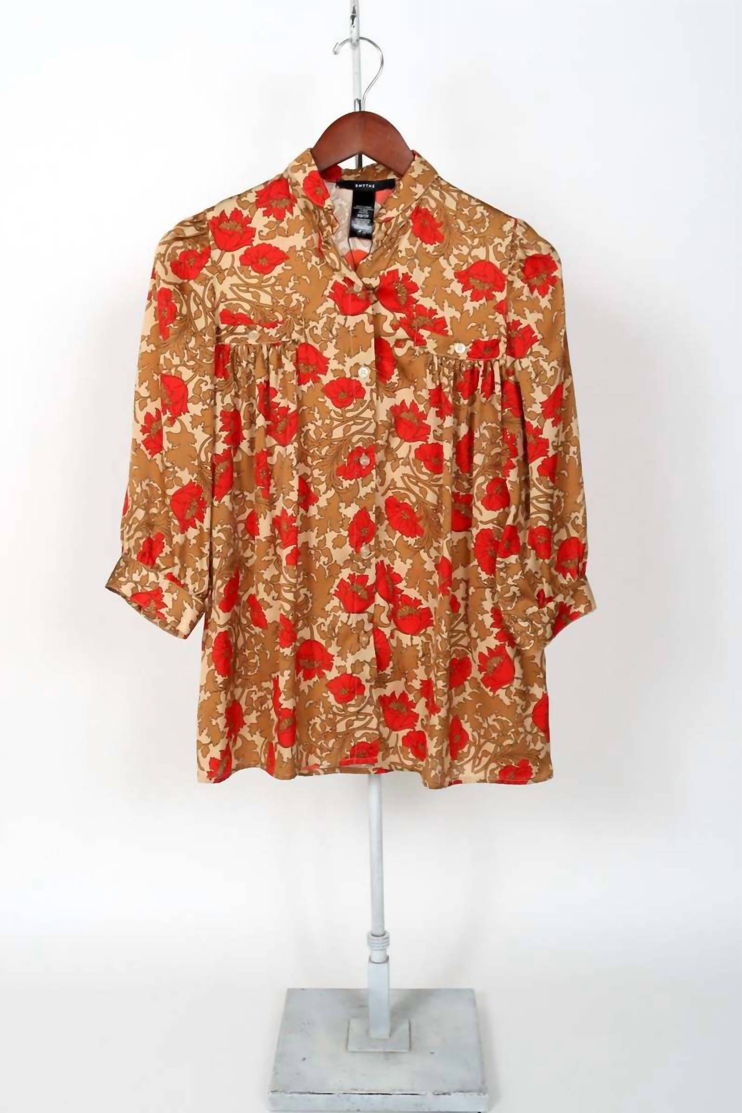 Smythe Classic Shirred Blouse in poppy multi - women's blouse - detail view