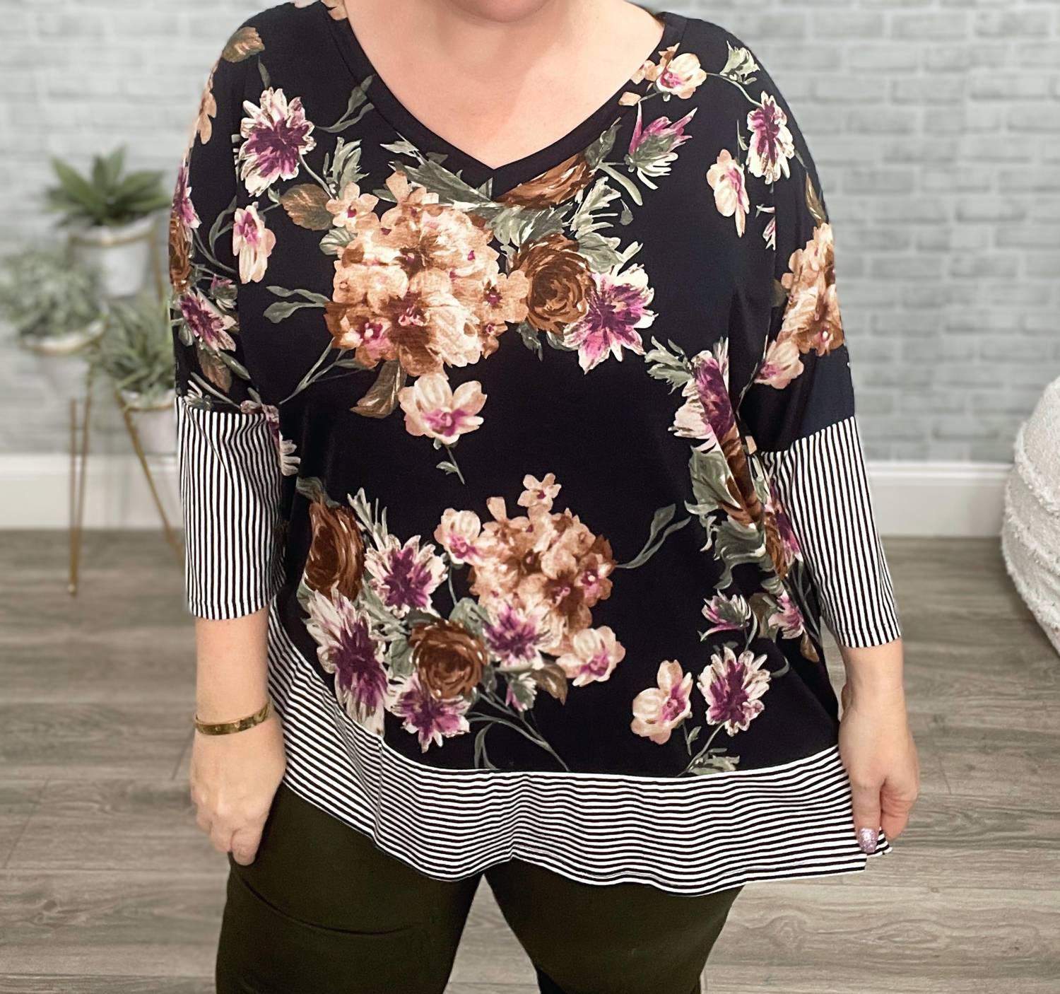 Honeyme - Floral And Stripes Top