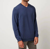 TravisMathew Amenities V-neck Crew Sweater in heather blue nights - men's sweater - detail view