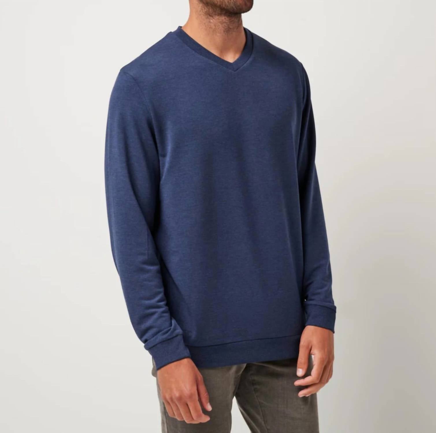 TravisMathew Amenities V-neck Crew Sweater in heather blue nights - men's sweater - detail view