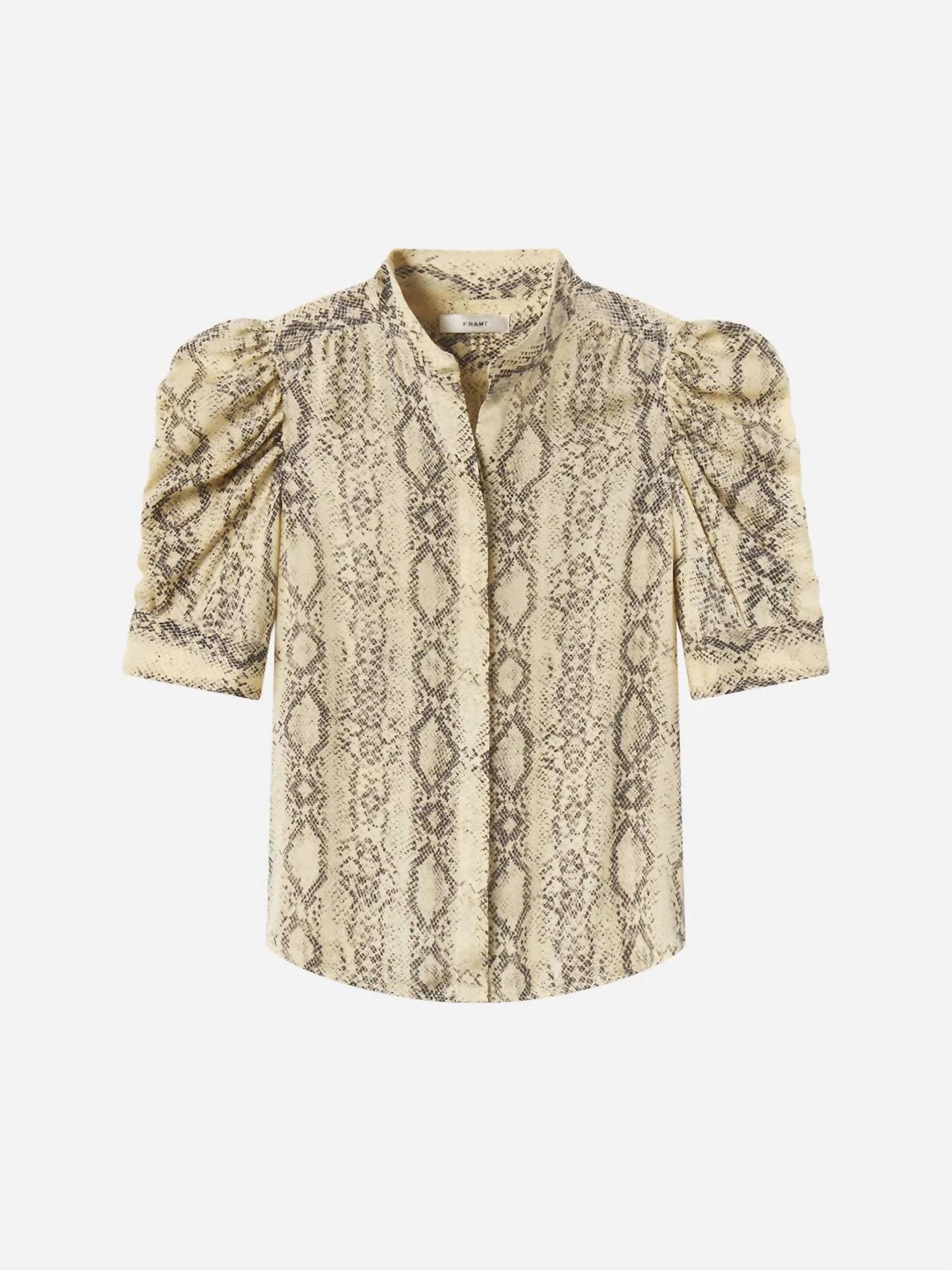 FRAME Snake Gillian Short Sleeve Top in camel multi - women's long sleeve top - detail view