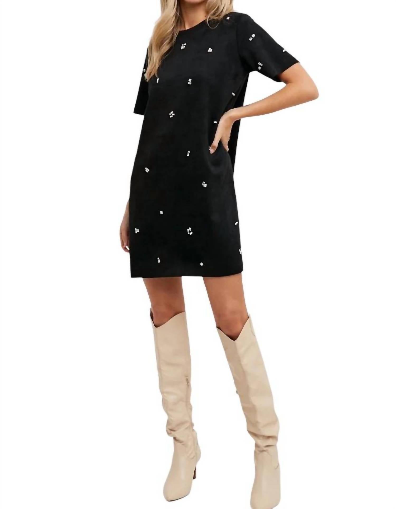 Bluivy - Elle Rhinestone Embellished Suede Shift Mini Dress