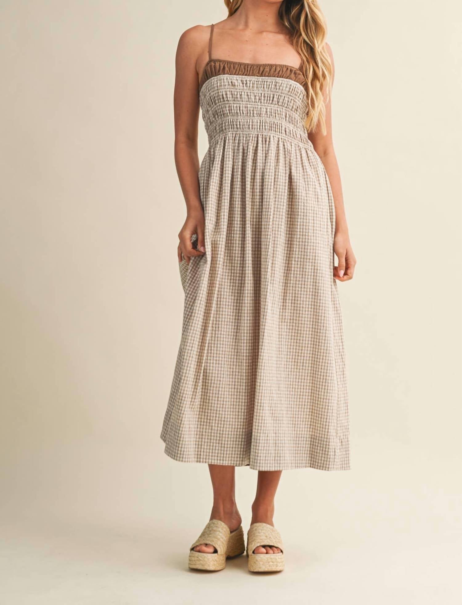 Mustard Seed Sunlit Meadow Smocked Gingham Midi Dress in brown - women's dress - view 6