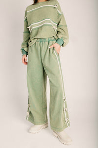 mittoshop Pull On Side Bow Stripe Wide Leg Pants in matcha - women's pants