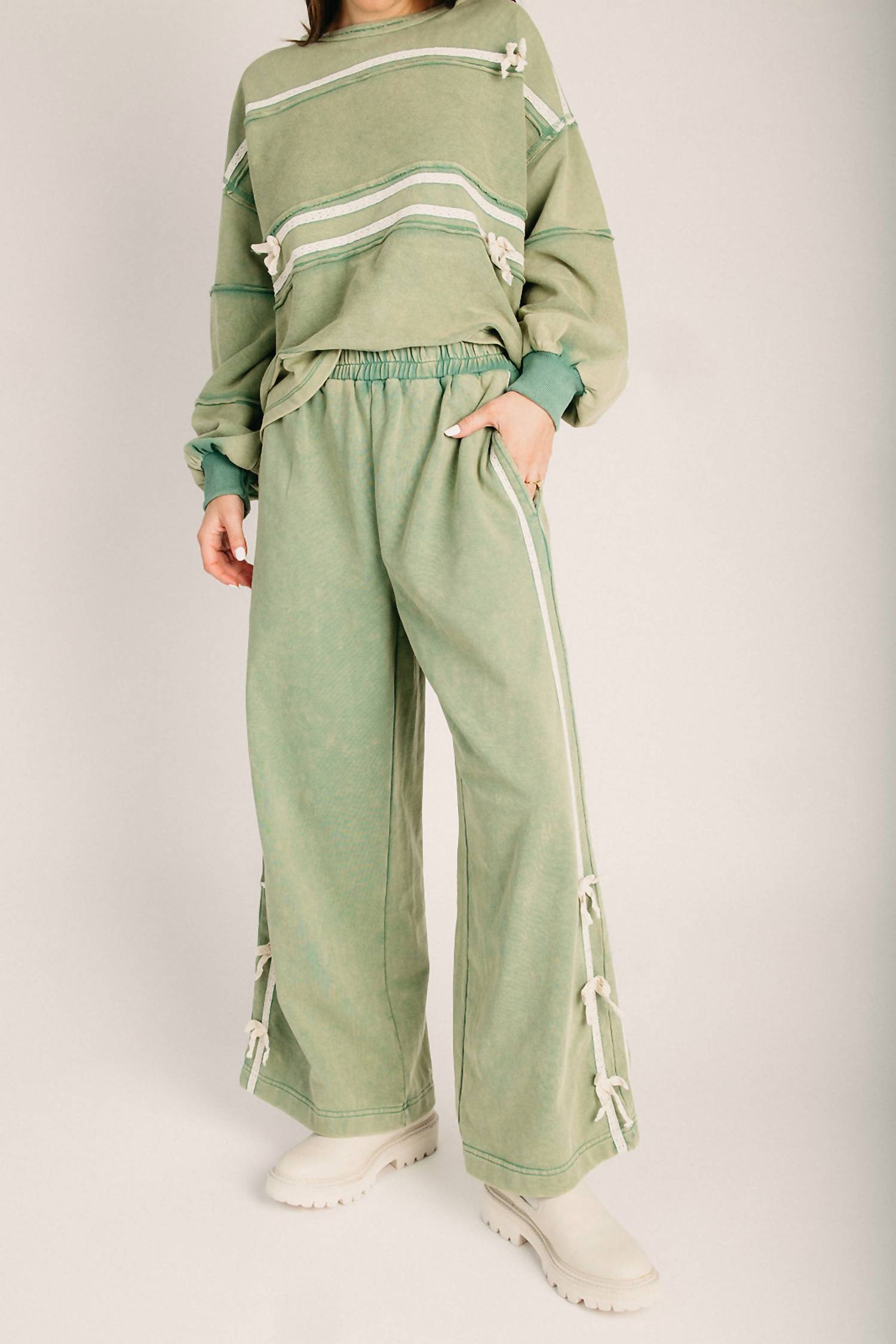 mittoshop Pull On Side Bow Stripe Wide Leg Pants in matcha - women's pants