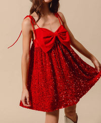 So Me Vicky Velvet Sequin Babydoll Holiday Mini Dress in red - women's dress - detail view