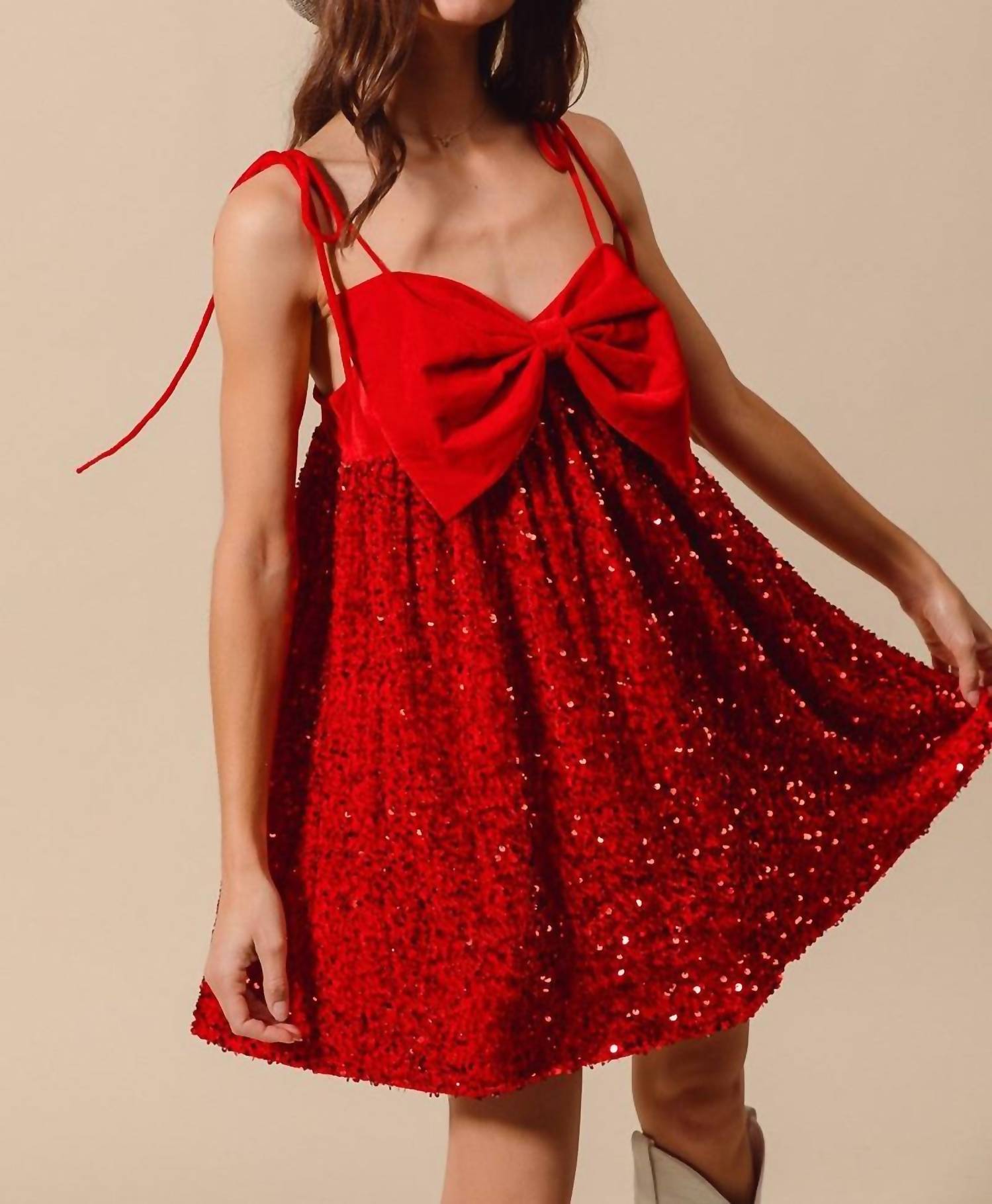 So Me Vicky Velvet Sequin Babydoll Holiday Mini Dress in red - women's dress - detail view