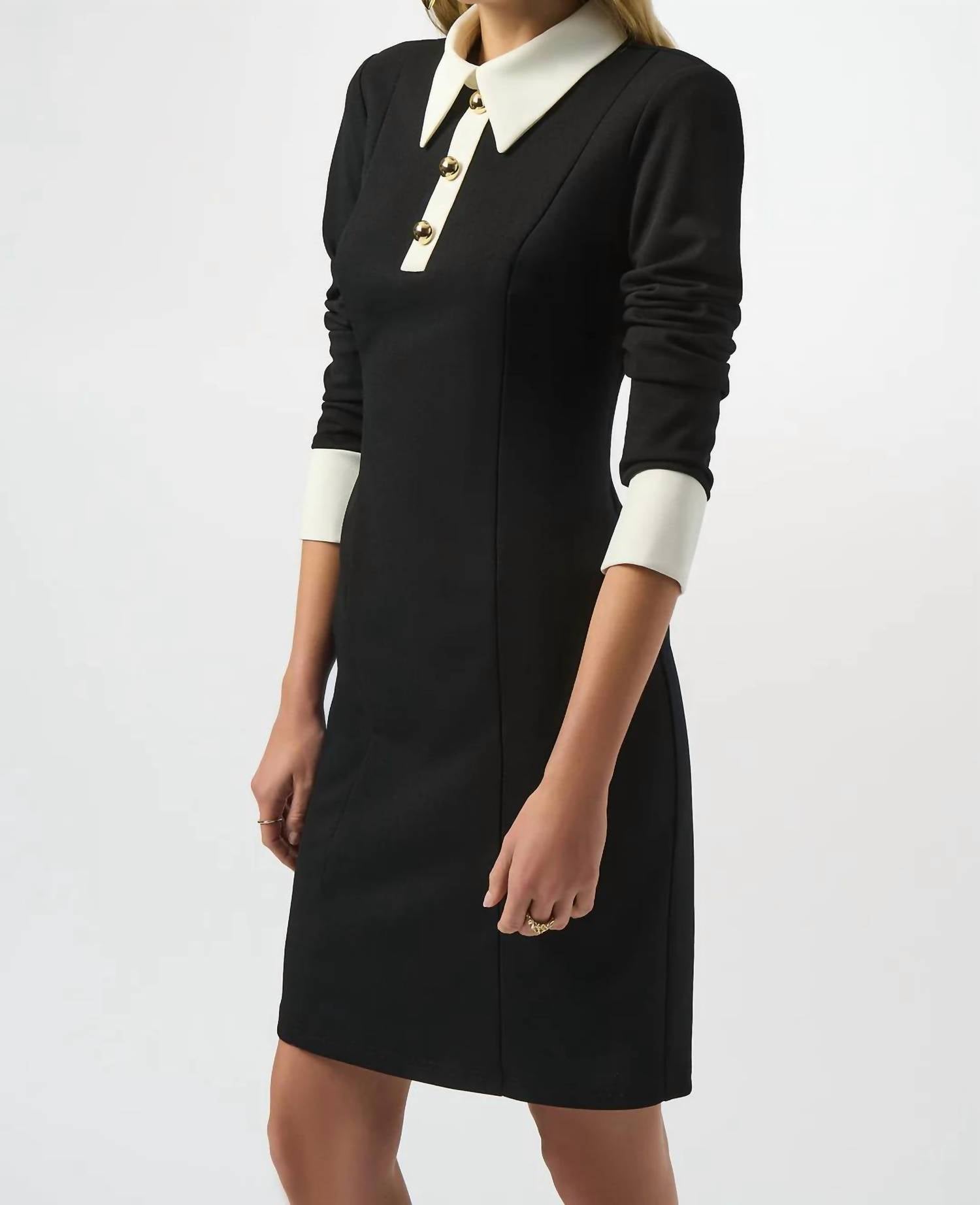 Joseph Ribkoff Colorblock Collared 3/4 Sleeves Shift Dress in black vanilla - women's dress - alternate view