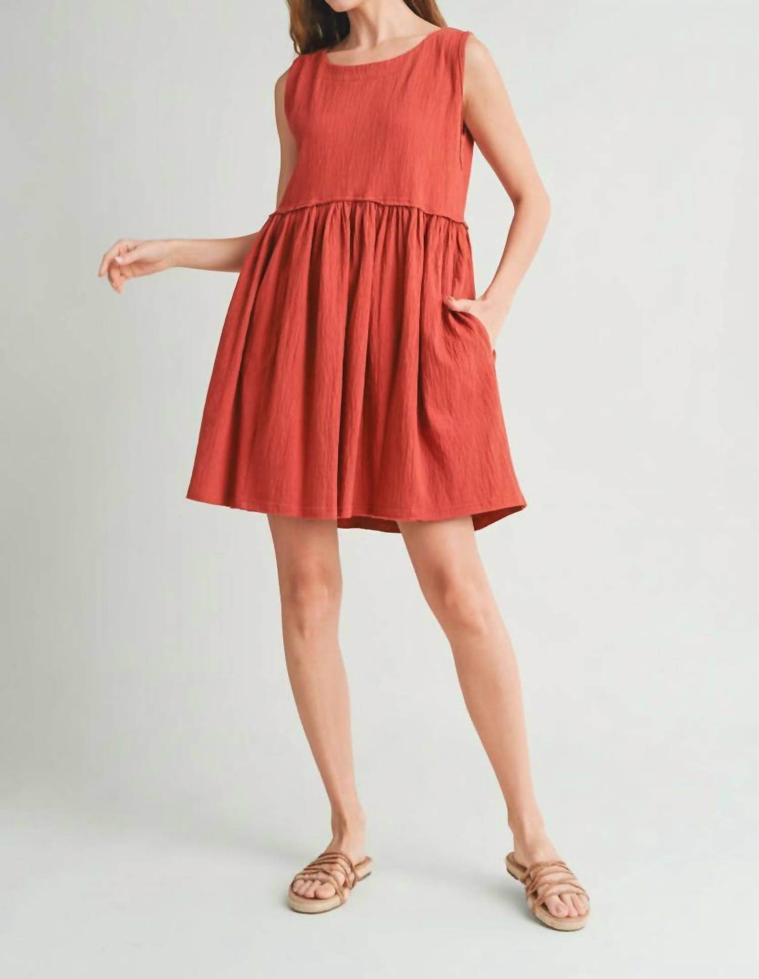 WISHLIST Tara Crinkle Knit Raw Edge Detail Tank Dress in brick - women's dress