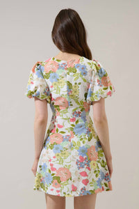 SUGARLIPS Esther Floral Rosette Bubble Sleeve Mini Dress in cream multi - women's dress - alternate view