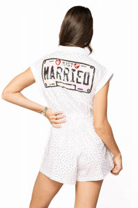 QUEEN OF SPARKLES Rhinestone Just Married Romper in white - women's pants - detail view