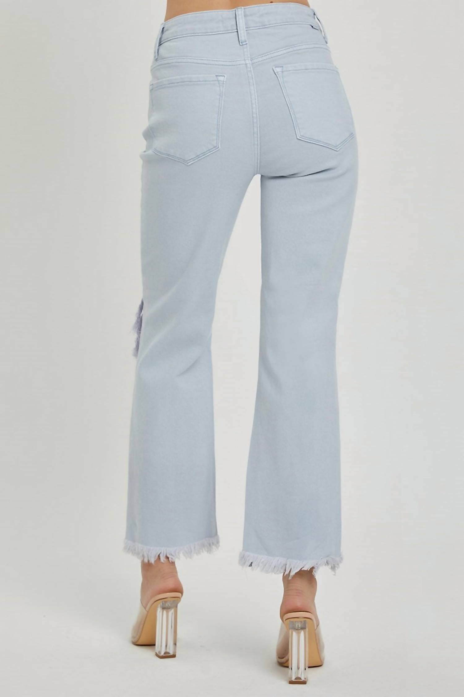RISEN High Rise Knee Distressed Straight Pants in ice blue - women's jeans - alternate view