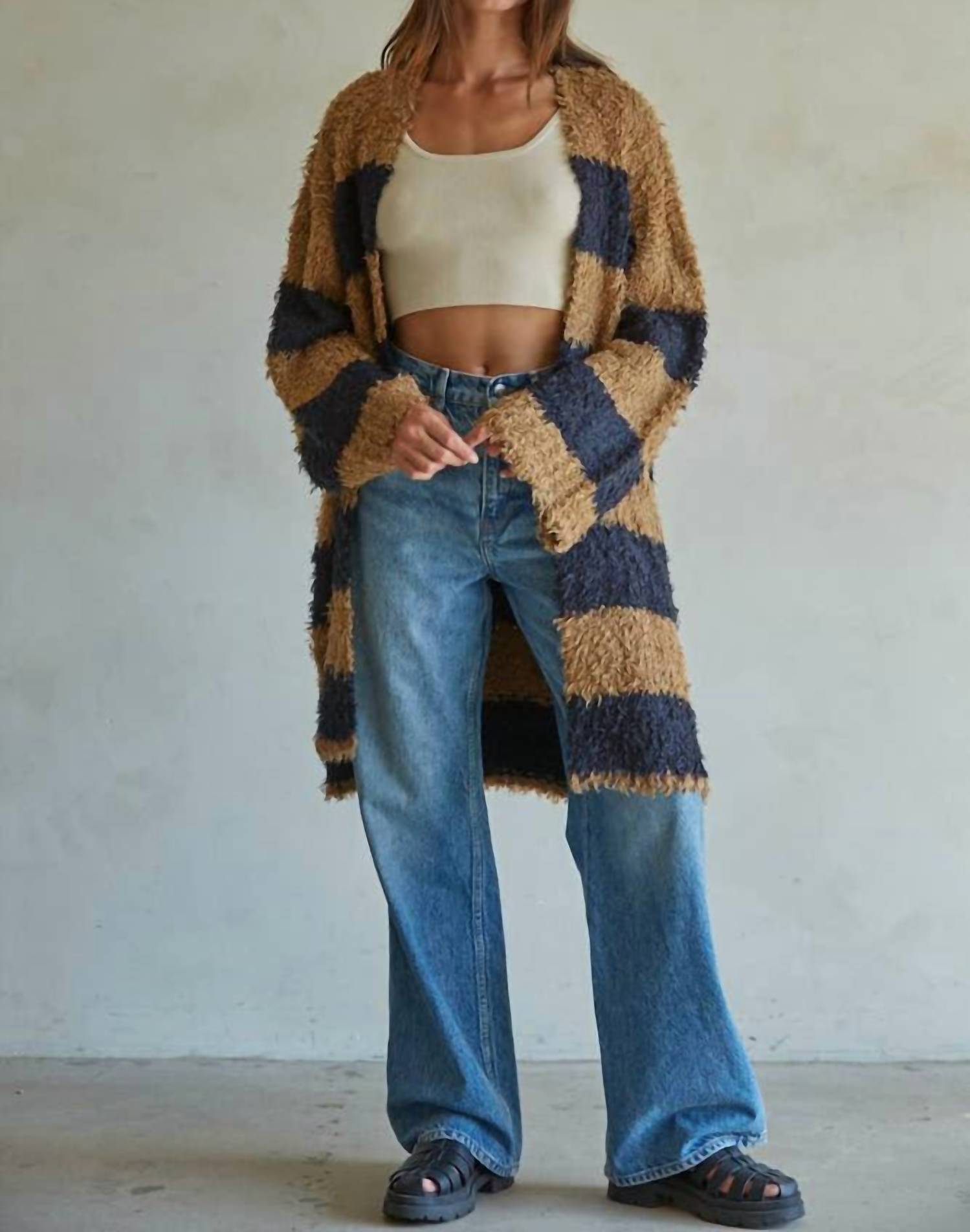 By Together Shira Knit Striped Cardigan in khaki navy - women's cardigan