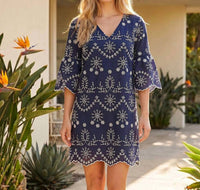 Karen Kane - Flare Sleeve Embroidered Mini Dress