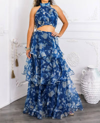 Surelymine - Tiered Ruffle Two-piece Set Halter Crop Top & Maxi Skirt
