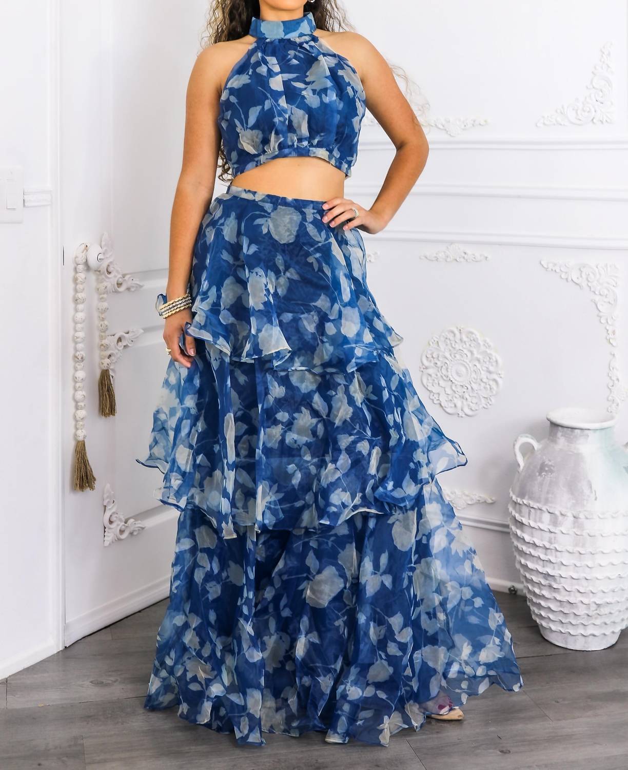 Surelymine - Tiered Ruffle Two-piece Set Halter Crop Top & Maxi Skirt