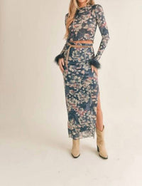 Sage The Label - Vegan Feather Trim Floral Print Long Sleeve Top