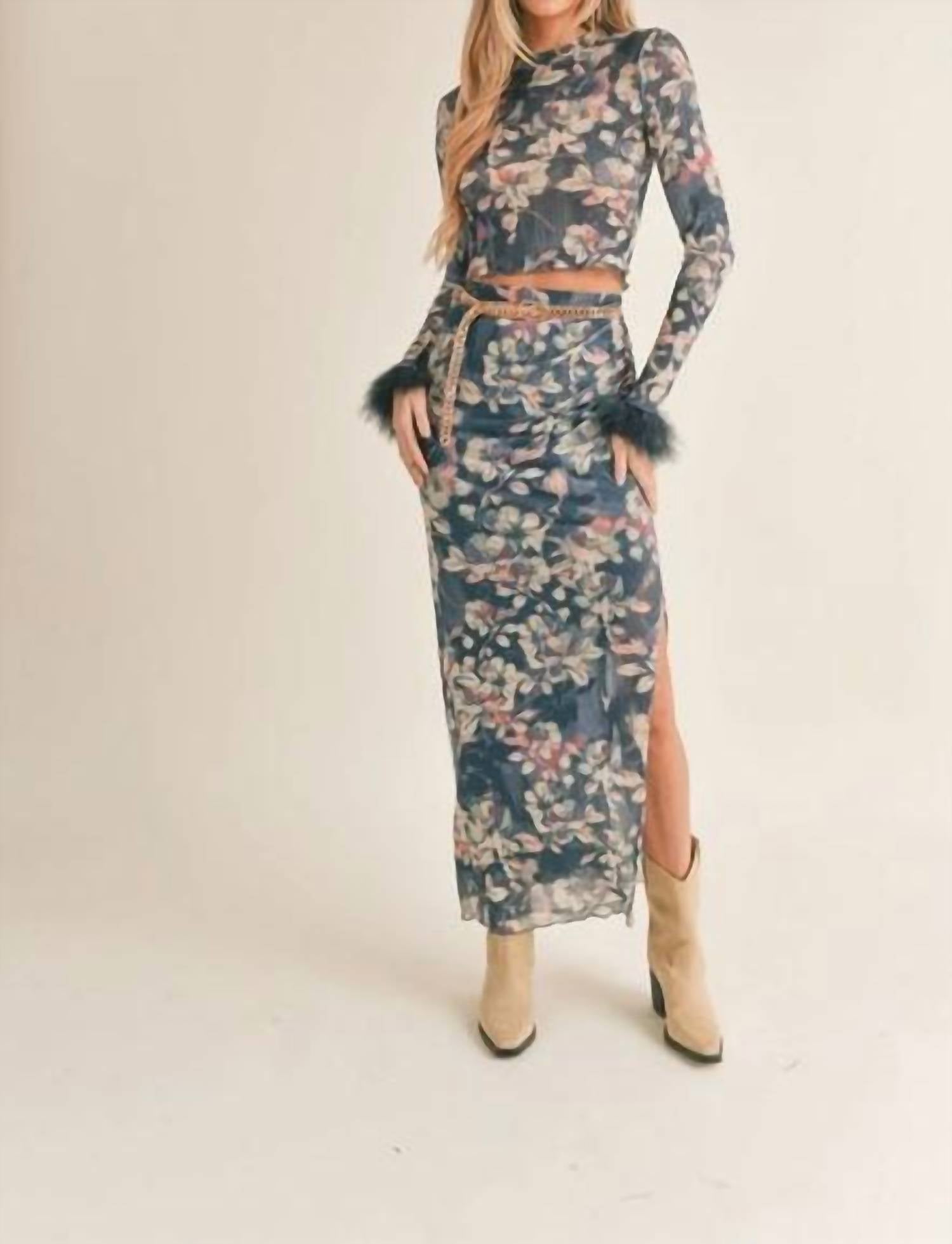 Sage The Label - Vegan Feather Trim Floral Print Long Sleeve Top