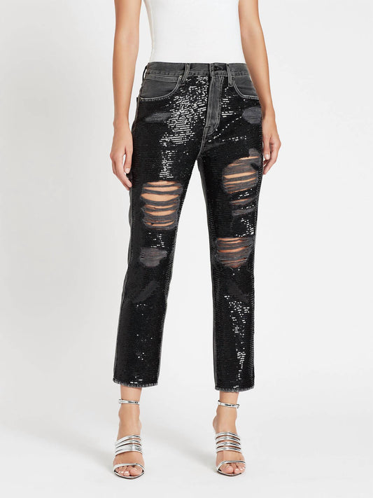 Frame - High-rise Sequined Straight-leg Jeans