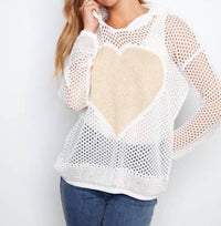 CHARLIE B Heart Long Sleeve Fishnet Hoodie in white - women's top - detail view