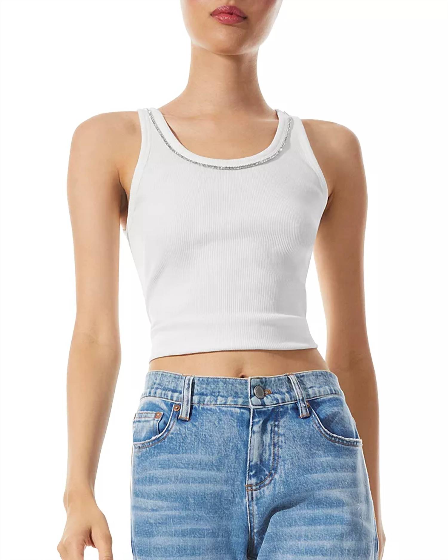 alice + olivia Allen Embellished Tank Top in white - women's tank top - detail view