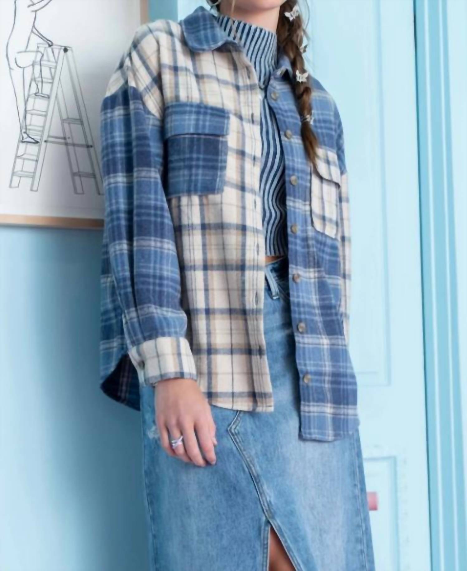 Blu Pepper - Plaid Patchwork Button Up Top