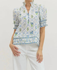 Entro - Botanical Print Short Puff Sleeve Top