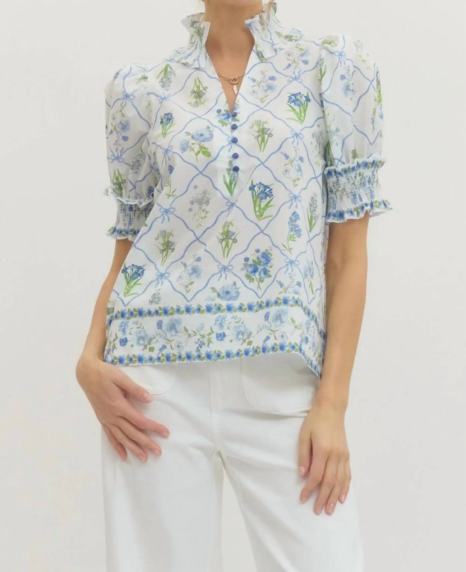 Entro - Botanical Print Short Puff Sleeve Top