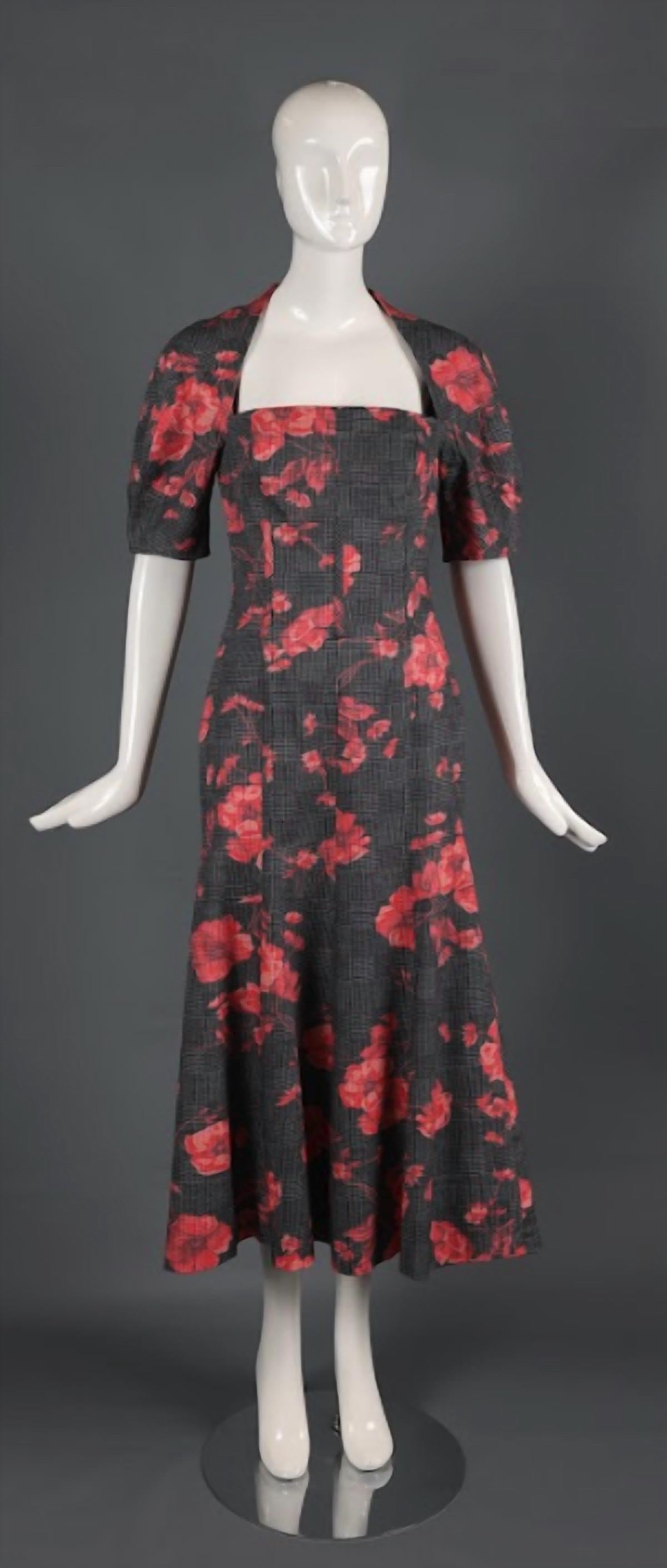 Lela Rose - Women's Floral Print Glen Plaid Bubble Sleeve Midi Dress