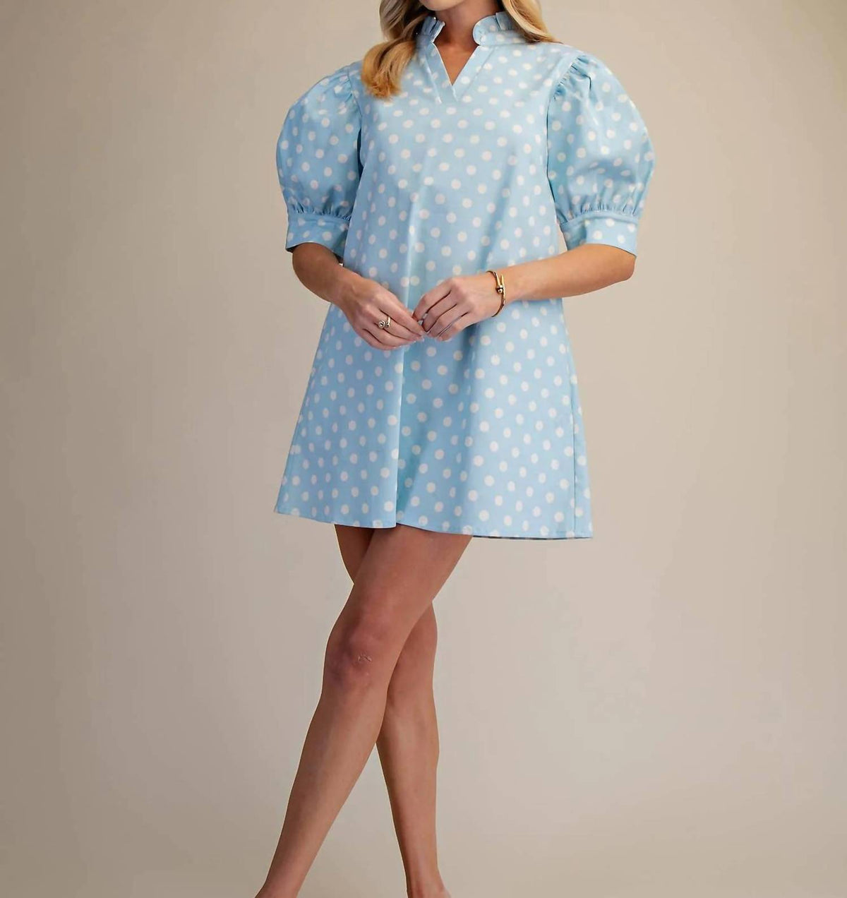 Glam - Ruffle V-neck Polka Dot Mini Dress