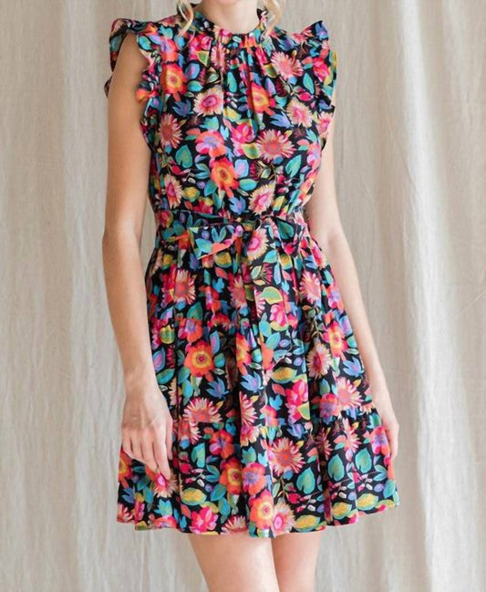 Jodifl - Floral Print Waist Tie Ruffle Dress