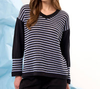 french kyss Stripe V-Neck Top in black multi - women's long sleeve top