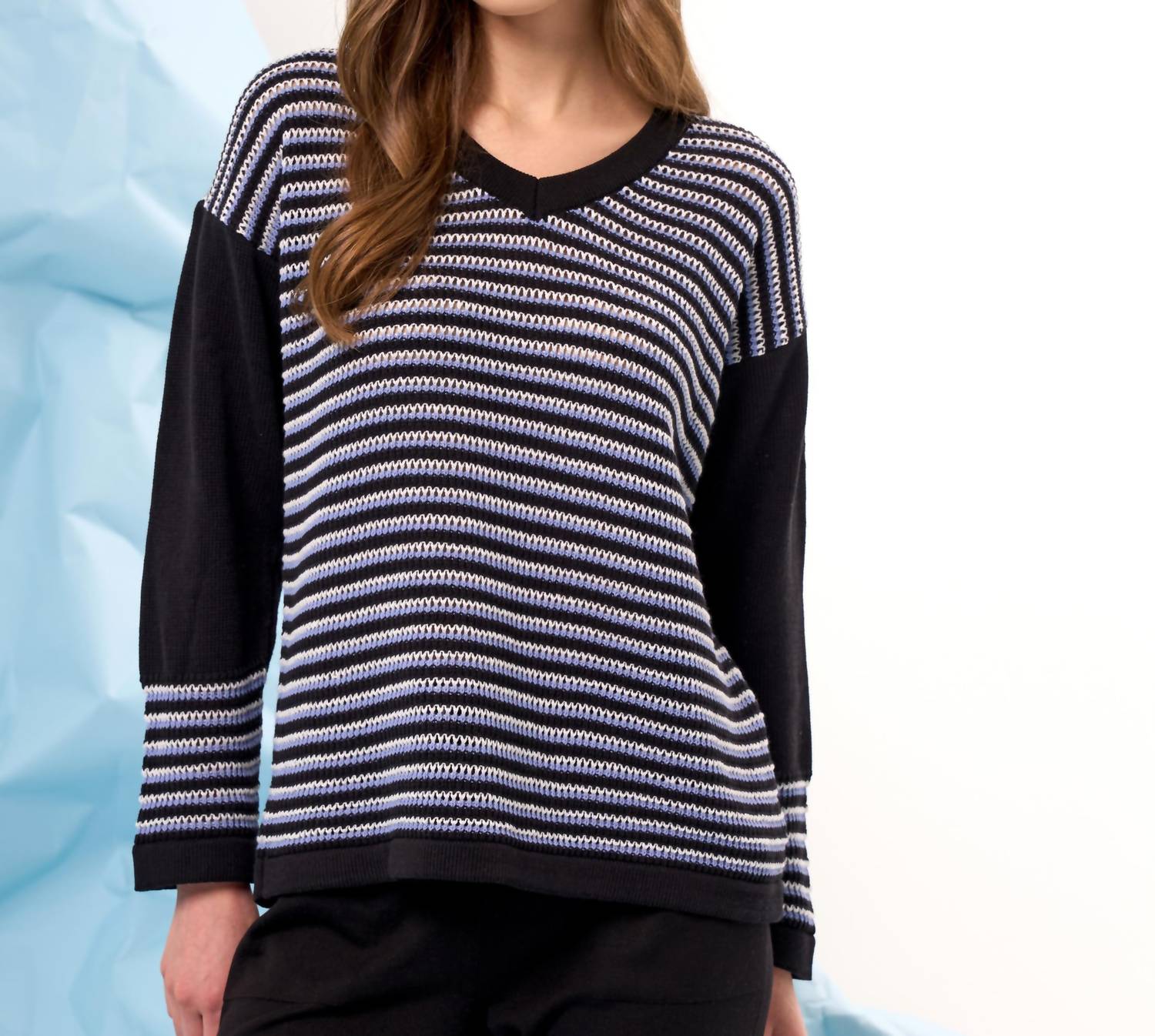french kyss Stripe V-Neck Top in black multi - women's long sleeve top