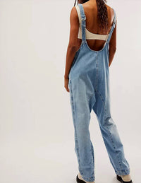 Sweetkama - Denim Adjustable Shoulder High Roller Jumpsuit