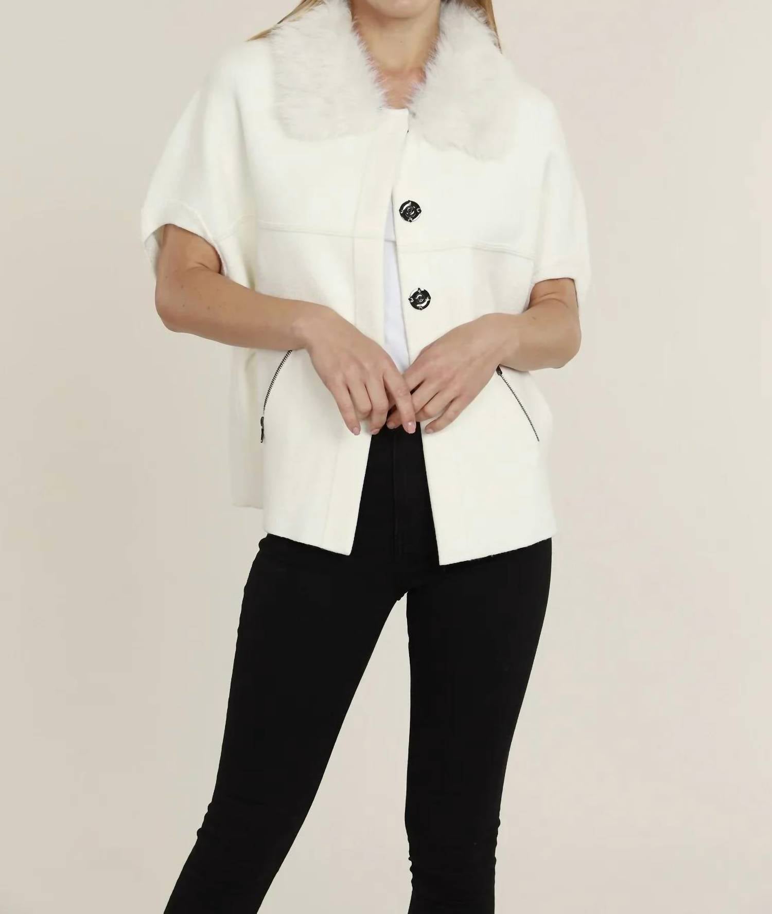 Dolce Cabo - Women's Faux Fur Collar Short Sleeve Cardigan