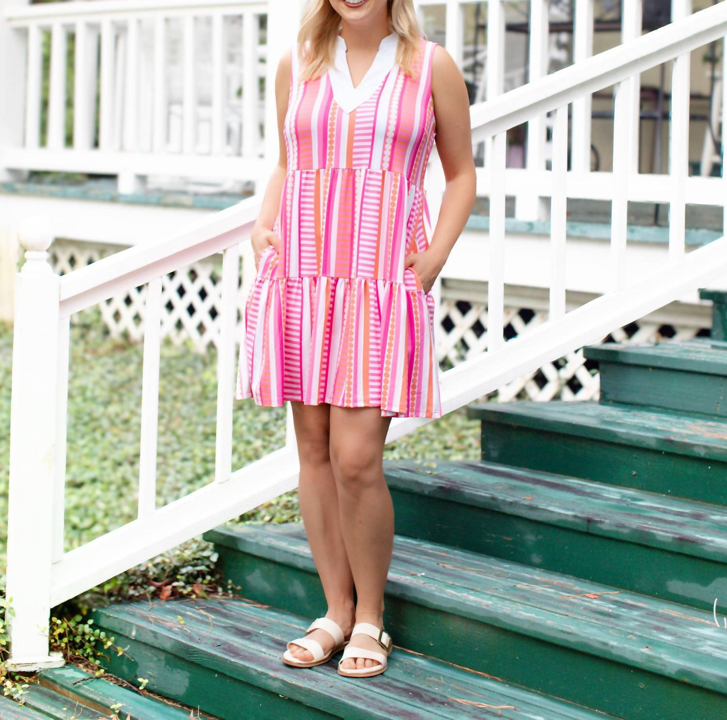 Mary Square Striped Newport Mini Dress in pink - women's dress - detail view