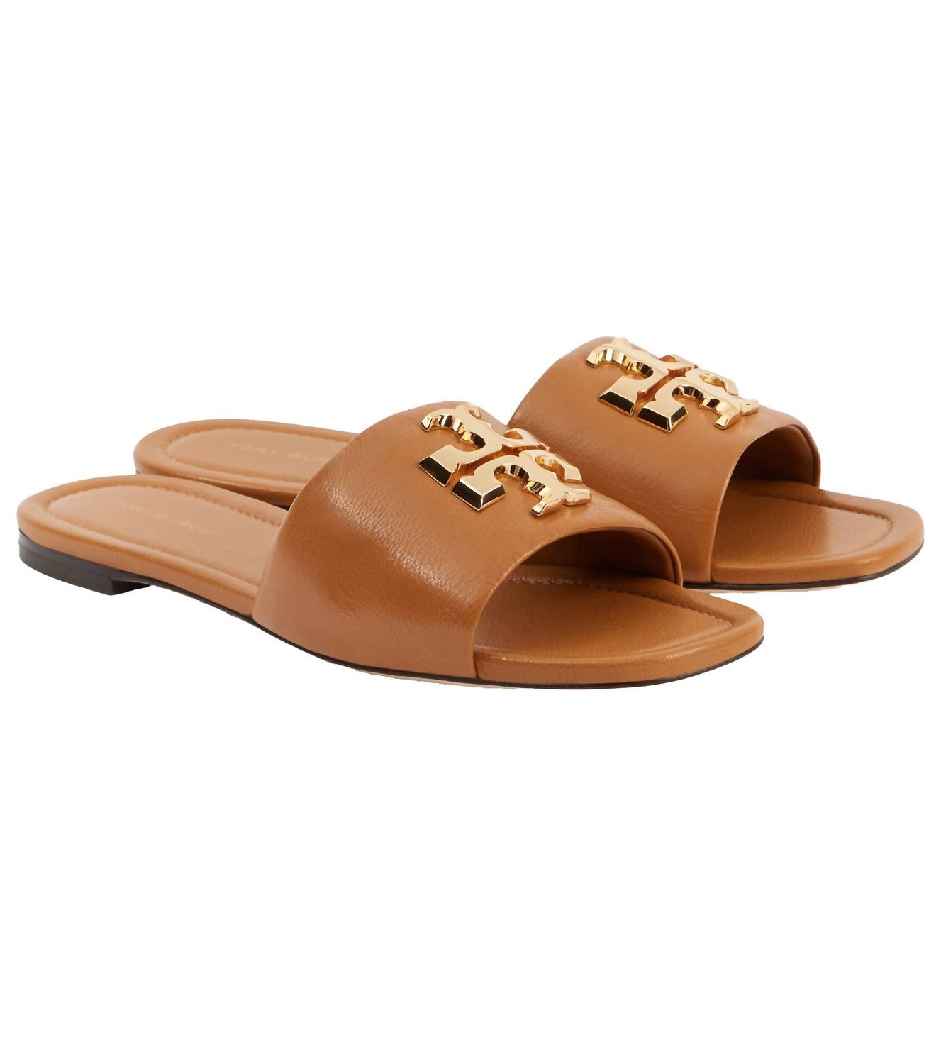TORY BURCH Women's Eleanor Leather Slides in caramel - women's sandal - detail view