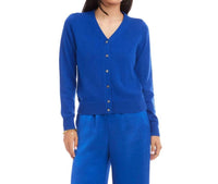 Karen Kane V-Neckline Front Button Placket Cardigan in sapphire blue - women's cardigan - detail view