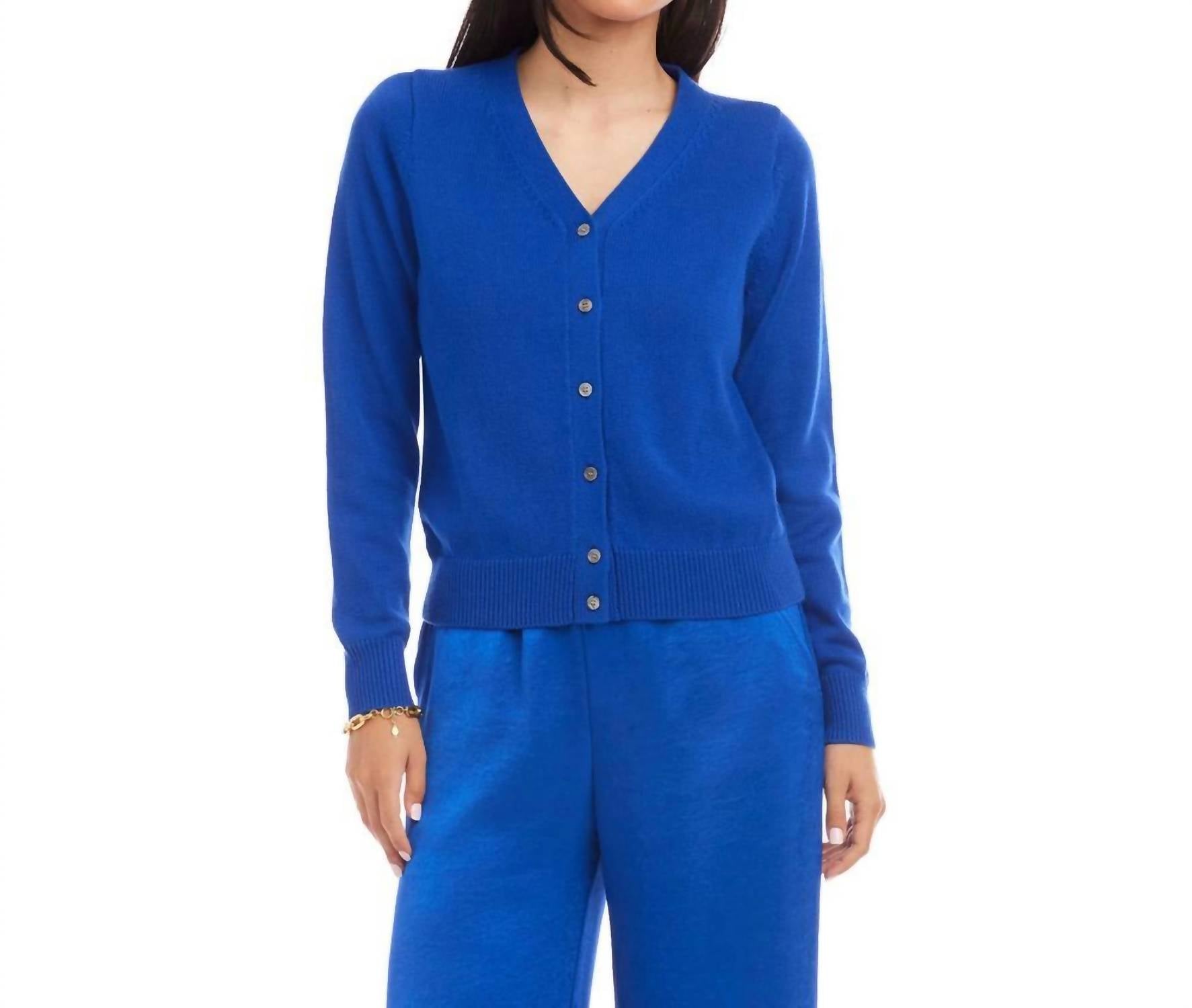 Karen Kane V-Neckline Front Button Placket Cardigan in sapphire blue - women's cardigan - detail view