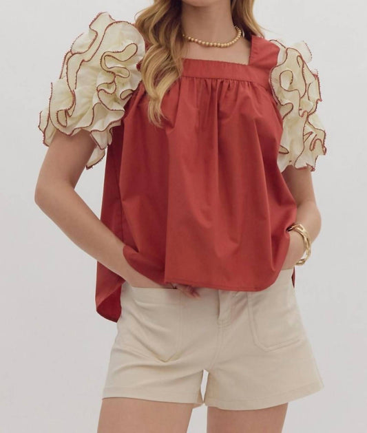 Entro - brick blouse with white ruffle