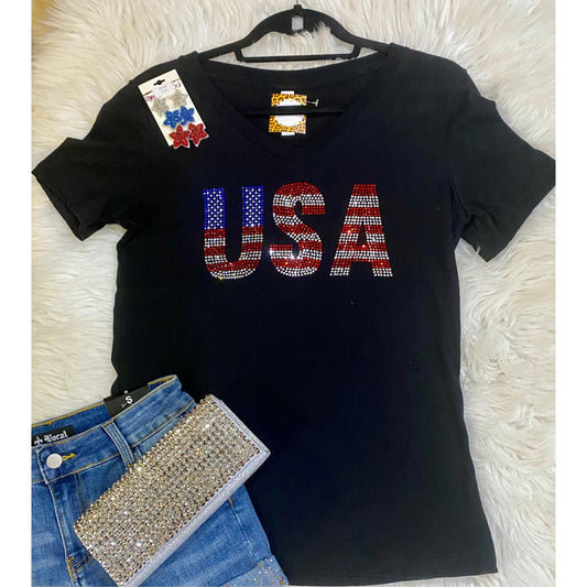 Crystallized By Sparkle - Usa Stars & Stripes Rhinestone V-neck Tee