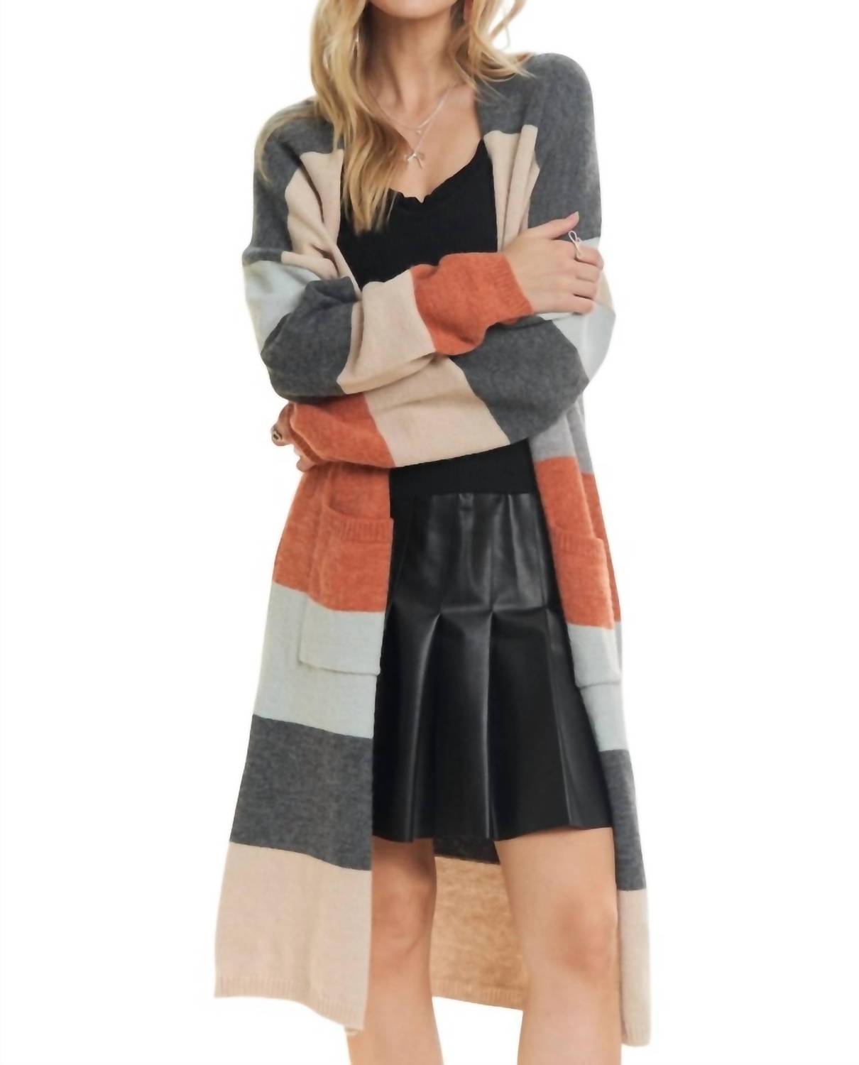 ADORA Women's Colorblock Pocket Cardigan in charcoal rust multi - women's cardigan