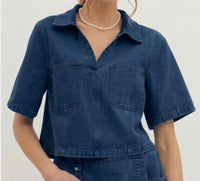 entro Double Pocket Cropped Denim Top in blue - women's shirt