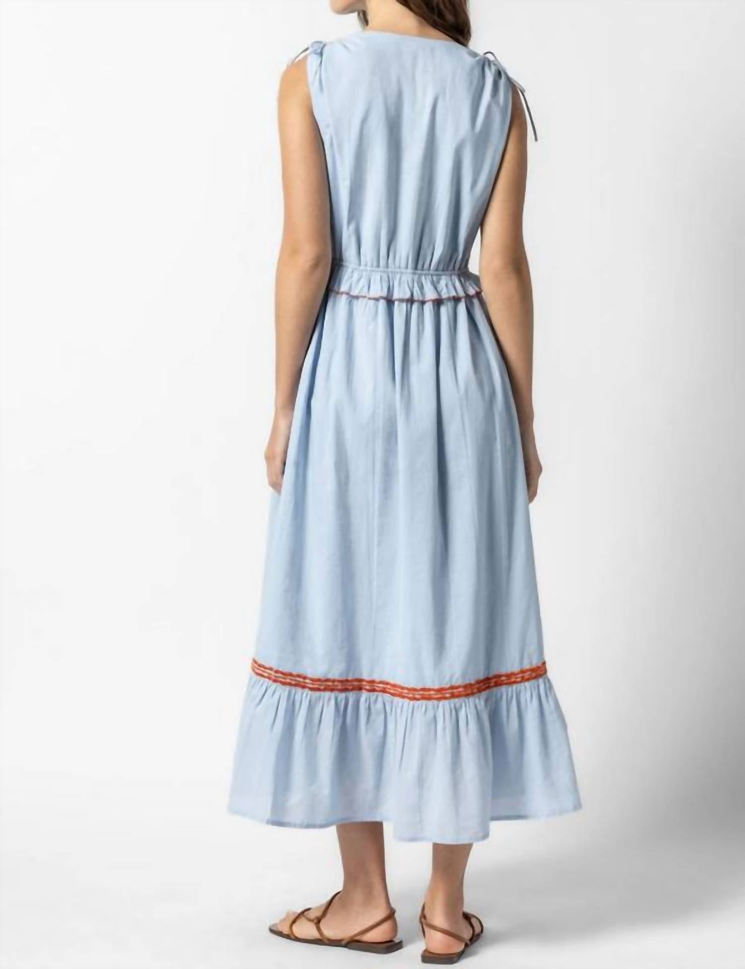 Lilla P Gathered Waist V Neck Dress in crystal - women's dress - detail view